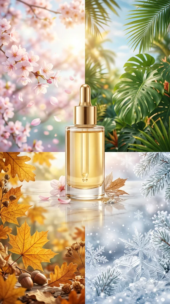 Serum-Flakon in vier KI-generierten Szenerien: Frühlingskirschblüten, Sommertropik, Herbstlaub und Winterfrost