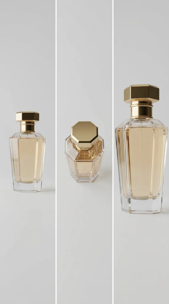 Parfumflakon aus drei verschiedenen Blickwinkeln fotografiert – Augenhöhe, erhöht und flacher Winkel