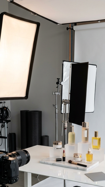Blick in ein Beauty-Fotostudio mit Softboxen, Reflektoren und Kosmetikprodukten auf dem Aufnahmetisch