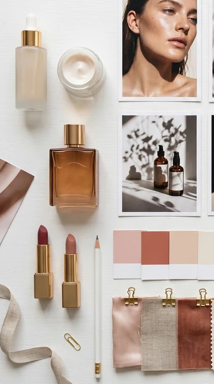 Moodboard mit Kosmetikprodukten, Farbpaletten und Inspirationsbildern für die Planung eines Beauty-Produktshootings