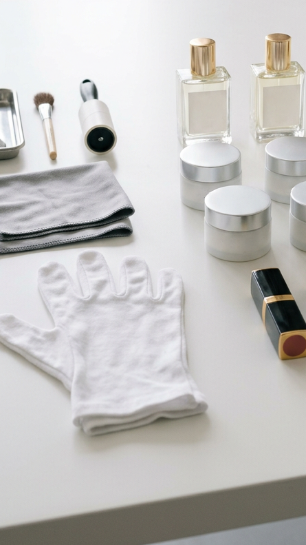 Weißer Vorbereitungstisch mit sorgfältig arrangierten Kosmetikprodukten (Parfumflakons, Cremetiegel, Lippenstifte), Mikrofasertuch, Reinigungshandschuhen und kleinen Hilfsmitteln – professionelle Studio-Vorbereitung vor dem Fotoshooting