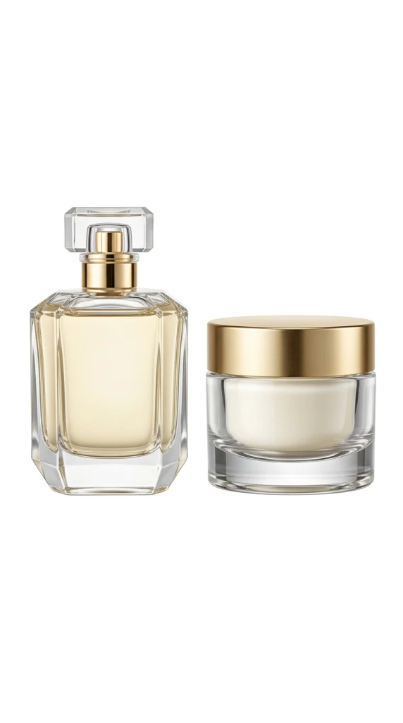 Freigestellter Glasflakon und Cremetiegel mit goldenem Deckel auf weißem Hintergrund – professionelle Produktfotografie für Online-Shops