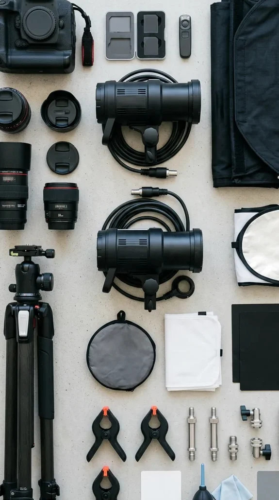 Flat Lay mit Kamera, Objektiven, Stativ, Studioblitzen und Zubehör für professionelle Beauty-Produktfotografie