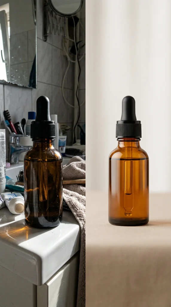 Vergleich: Links Produktfoto mit unruhigem Hintergrund und harten Schatten, rechts professionell inszeniert mit cleaner Bildgestaltung