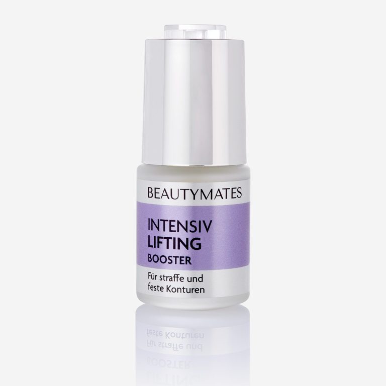 Freigestellter Kosmetik-Spender Beautymates Intensiv Lifting Booster mit hochglänzender Silberkappe und violettem Metallic-Etikett auf Weiß.