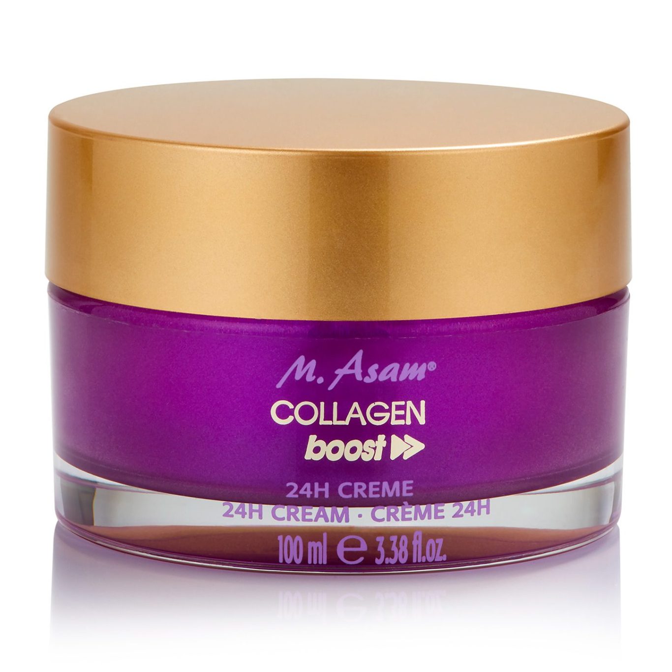 Freigestellter violetter Kosmetik-Glastiegel mit mattiertem Golddeckel (M. Asam Collagen Boost) – präzise Lichtkanten
