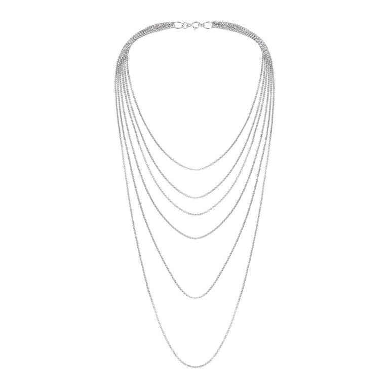 Sechsreihige feingliedrige Halskette aus Silber mit Ringverschluss – exakt symmetrisch freigestellte Schmuckfotografie für Onlineshop