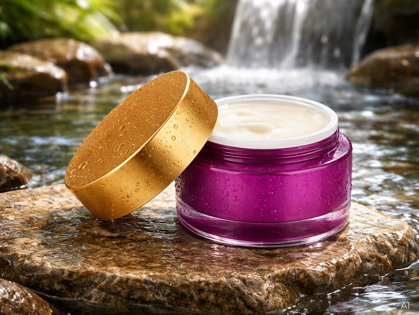 KI Naturinszenierung Kosmetik Produkt auf Felsen mit Wasser