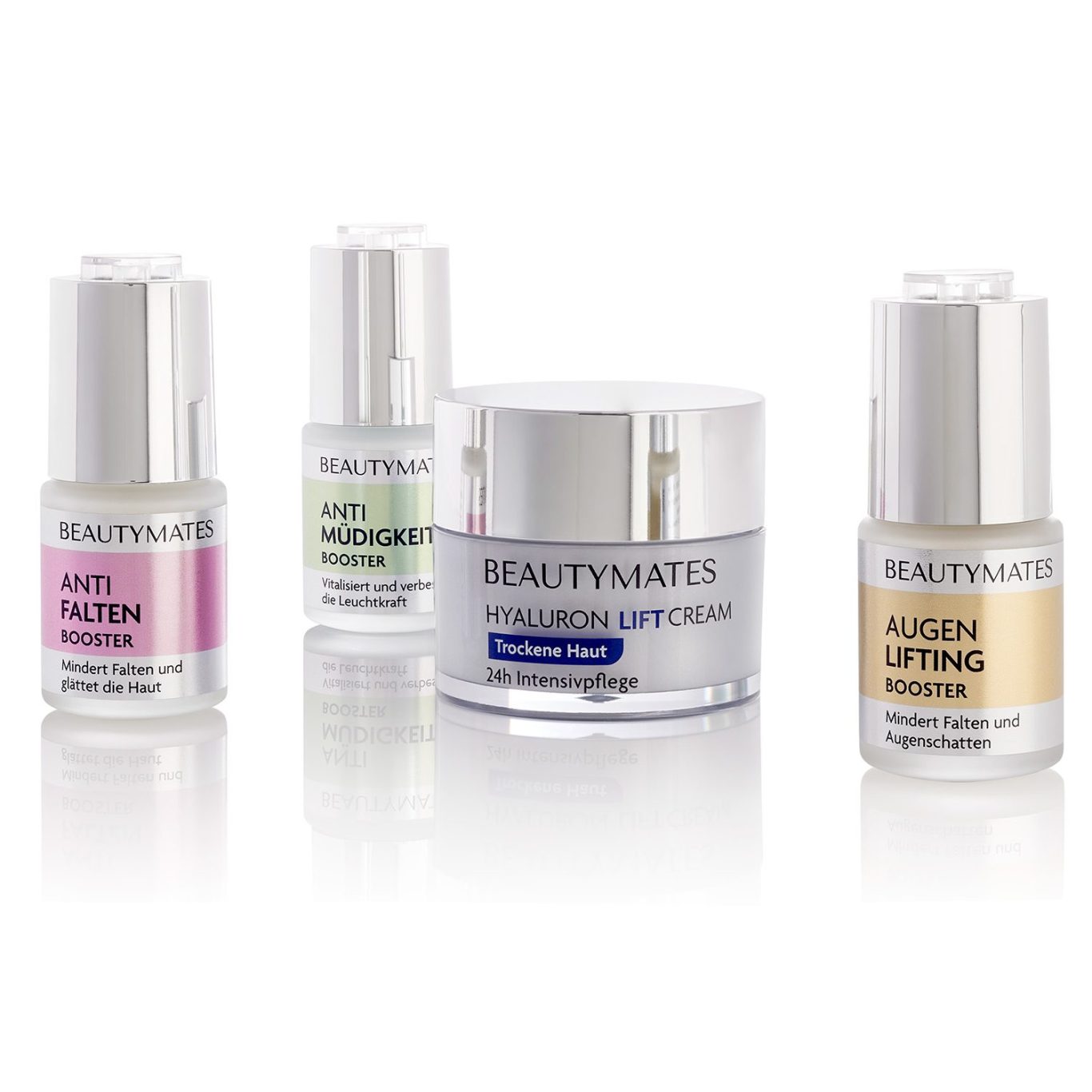 Freigestellte Anti-Aging-Kosmetikserie von Beautymates mit drei Serum-Boostern und Hyaluron-Cremetiegel – Packshot-Fotografie