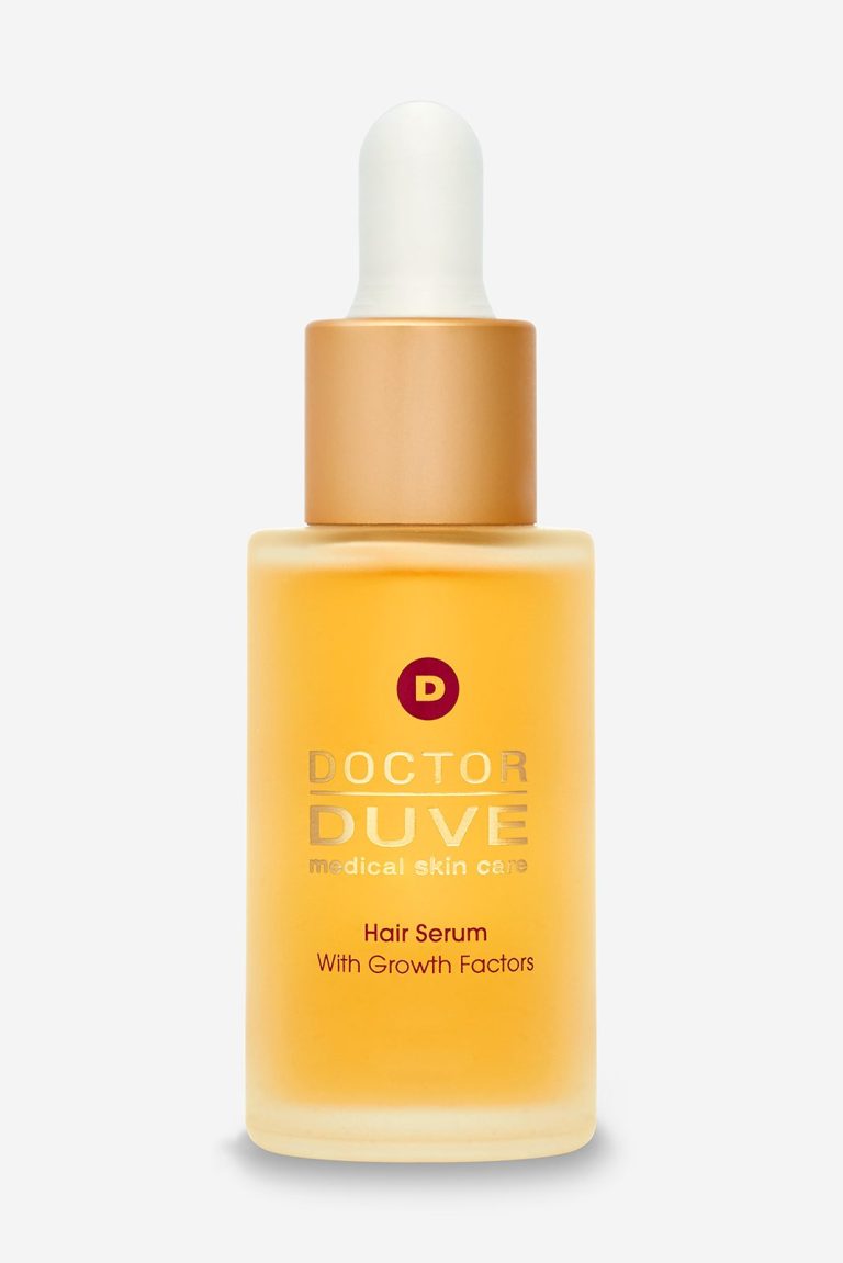 Freigestellter Pipetten-Flakon aus satiniertem Glas (Doctor Duve Hair Serum) mit leuchtend gelbem Wirkstoff-Serum und matter Goldkappe.