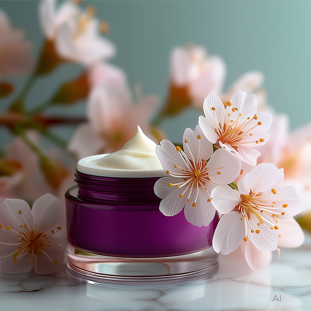 KI Beauty Keyvisual Kosmetik mit floraler Nahinszenierung