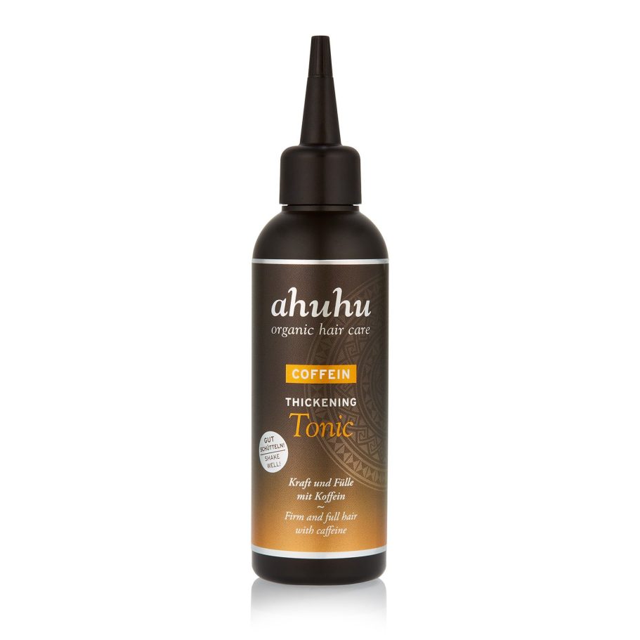 Freigestellte Haarpflege-Flasche mit Applikatorspitze (ahuhu Coffein Thickening Tonic) und schimmerndem Bronze-Metallic-Etikett.