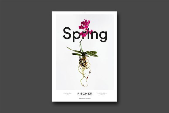 Magazin-Cover Spring für Mode Fischer mit detailreich freigestellter pinkfarbener Orchidee und feinen Wurzeln vor weißem Hintergrund